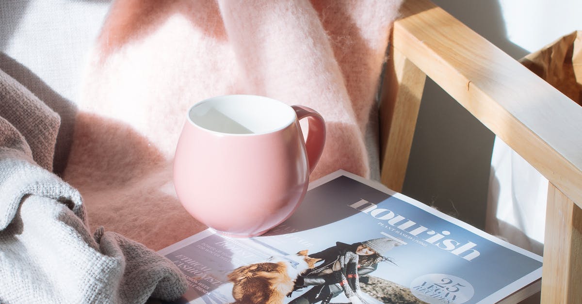 A warm scene featuring a pink mug and magazine on a wooden chair, bathed in sunlight.